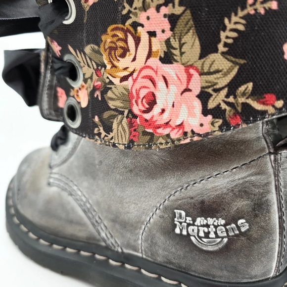 Dr. Martens Triumph 914 Floral Women's Distressed Gray Combat Boots - Picture 2 of 8